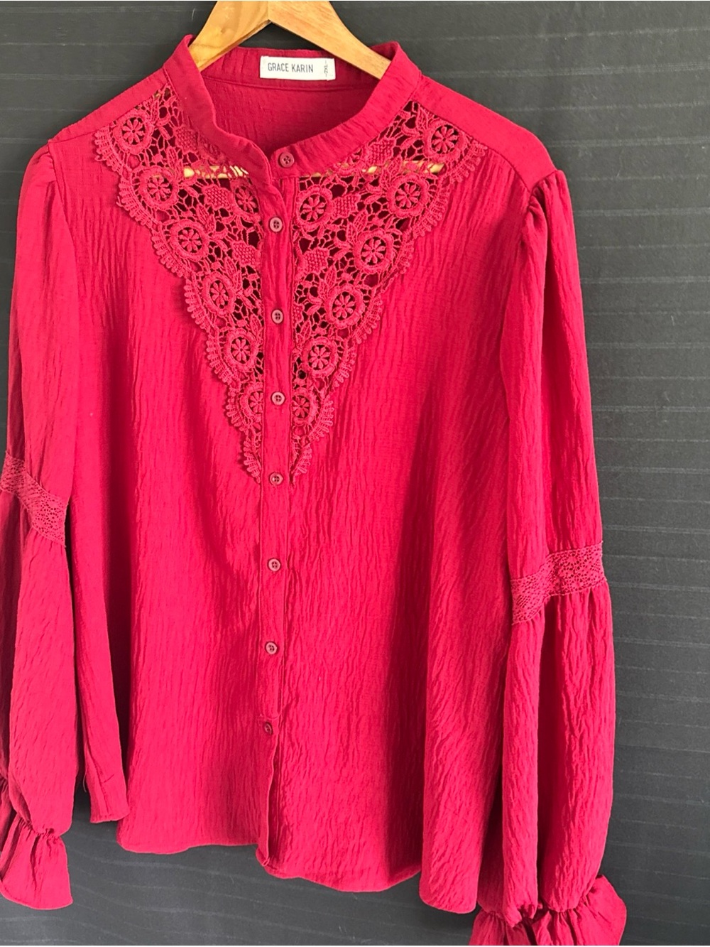Grace Karin Womens Plus Red Long Puff Sleeve Lace Detail Blouse Shirt Top 2XL - Picture 2 of 13